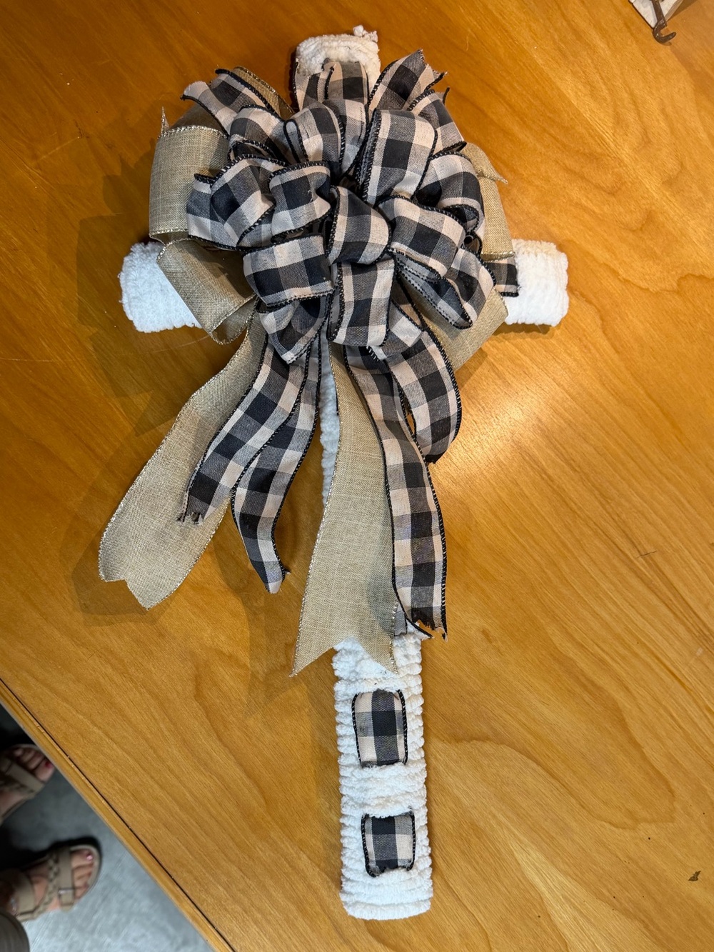 Plaid and Burlap Bow Cross Wall Hanging - Neutral Tones